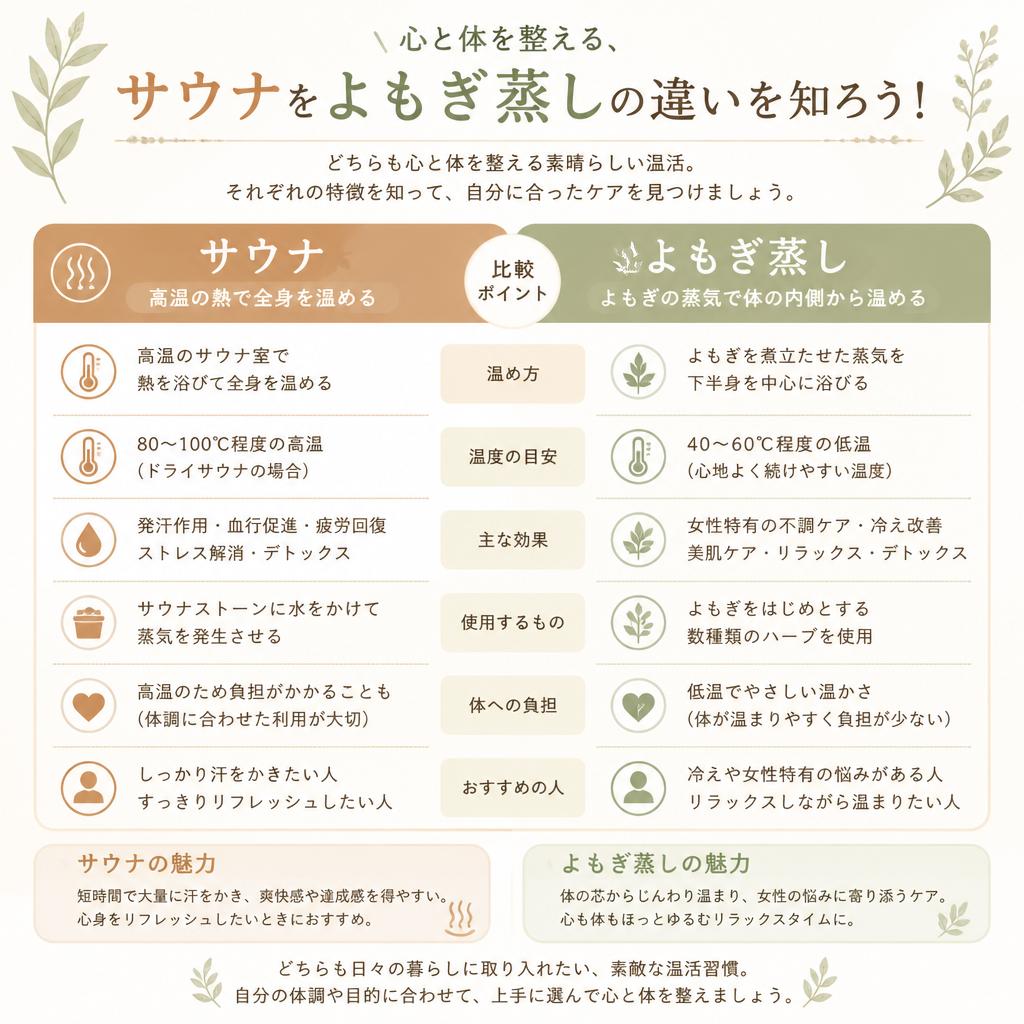 心と体を整える、サウナとよもぎ蒸しの違いを知ろう！