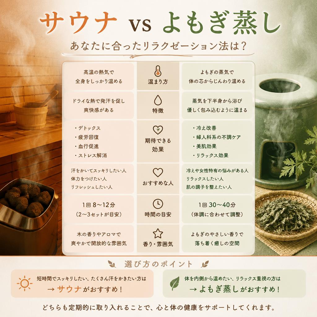 サウナ vs よもぎ蒸し：あなたに合ったリラクゼーション法は？