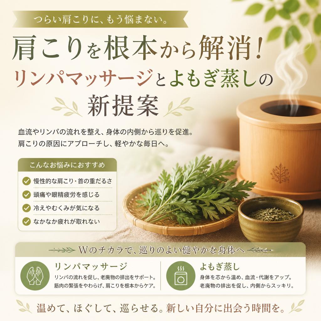 肩こりを根本から解消！リンパマッサージとよもぎ蒸しの新提案