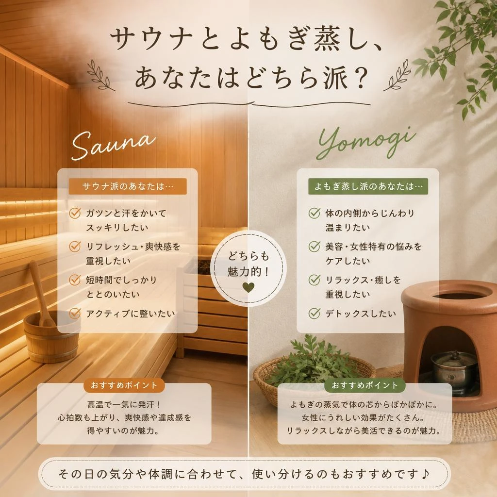 サウナとよもぎ蒸し、あなたはどちら派？私は、よもぎ蒸し派♡