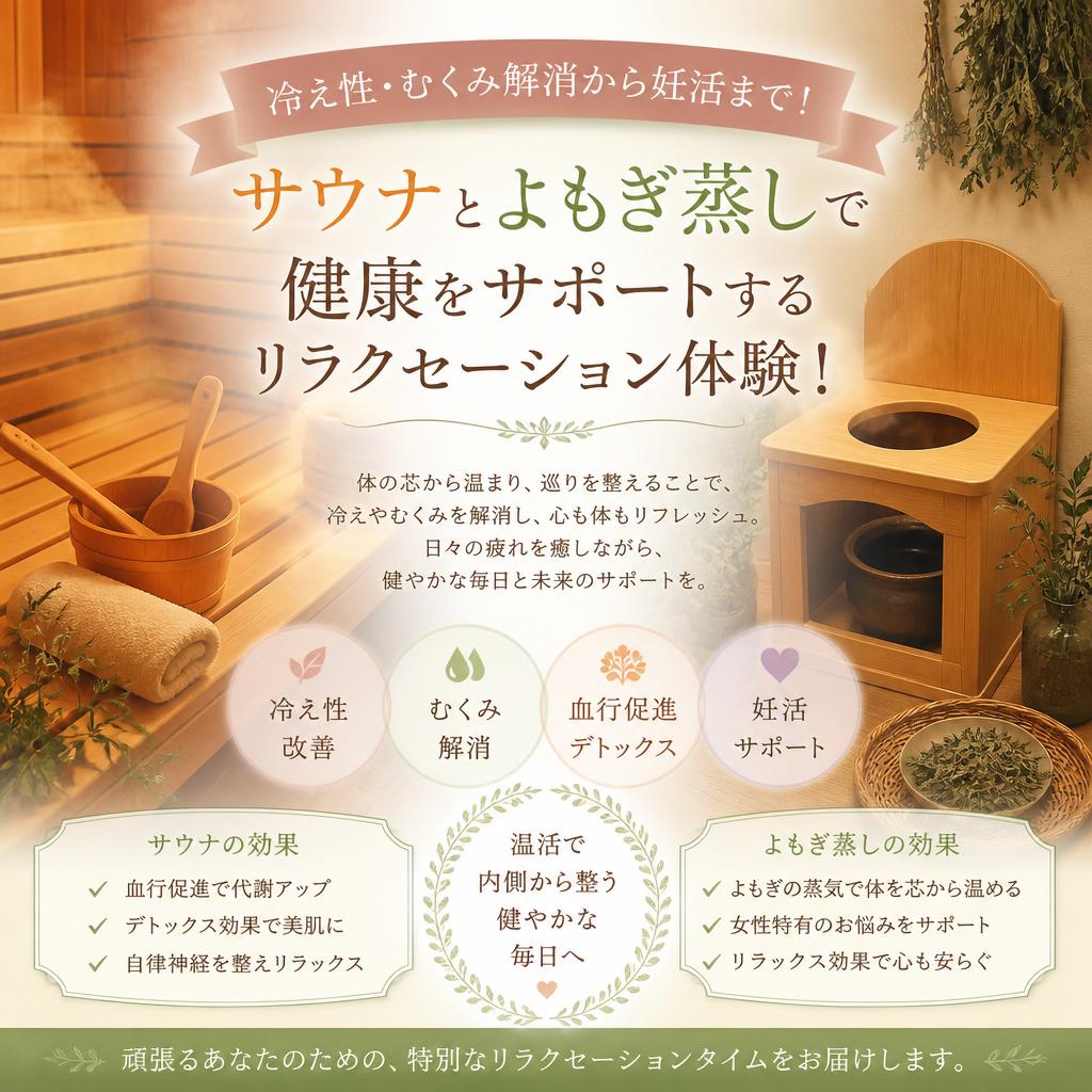 冷え性・むくみ解消から妊活まで！サウナとよもぎ蒸しで健康をサポートするリラクセーション体験！